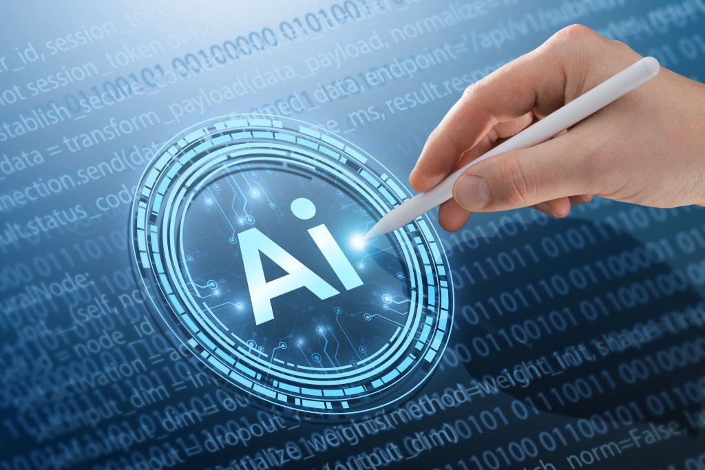 A hand holding a digital pen is poised above a circular icon with 'AI' in the center, surrounded by a matrix of binary code and digital elements.